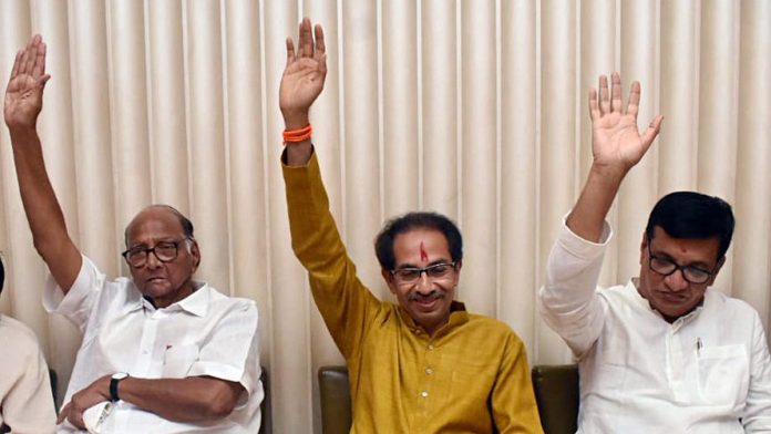 File image of Congress leader Balasaheb Thorat (right) with NCP chief Sharad Pawar (left) and Shiv Sena president Uddhav Thackeray when the Maha Vikas Aghadi government was formed in 2019 | Representational photo: ANI